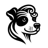 Stylized Black and White Dog Head Portrait in Profile with Decorative Curly Hair, Minimalist , and Smiling Expression. vector
