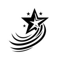 Black and white stylized shooting star with four smaller stars and curved motion trails, set against a clean white backdrop. vector