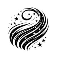 An abstract, flowing of swirling black lines adorned with a crescent moon and scattered stars, set against a pure white background. vector