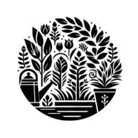 Monochromatic Botanical Garden in a Circle Watering Can, Plants, and Flowers in a Minimalist, Style vector