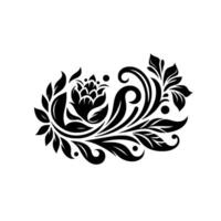 Intricate Monochrome Floral Swirl , Featuring a Central Bloom with Leafy Accents and Elegant Curlicues on a White Backdrop. vector