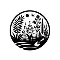 A stylized blackandwhite illustration within a circle, showcasing a garden scene with diverse plants, a bird, a sun, a spade, and a fence. vector