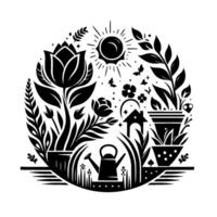 Black and White Garden in Circle A charming illustration featuring various plants, flowers, butterflies, sun, and a watering can, all within a circular border. vector