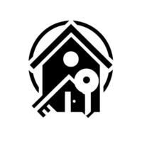Geometric Real Estate A minimalist, black white house silhouette, incorporating a key, set within a circle, ideal for property branding. vector