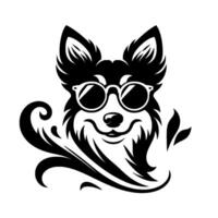 Black White, cool Pomeranian dog wearing sunglasses with stylized decorative elements, smiling. vector