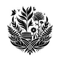A serene black and white garden scene in a circular composition, featuring chair, plants, flowers, butterflies, and stylized elements. vector