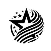 Monochrome Emblem Bold Black Star with smaller stars, set within a round swirling with striped pattern vector