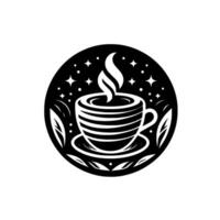 Intricate Black and White Illustration of a Steaming Coffee Cup within a Circular Frame, Surrounded by Stars and Leafy Accents. vector