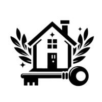 A black and white real estate emblem depicts a house with a key, laurel branches, and star accents. vector