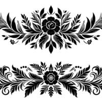 Symmetrical, Black and White, Floral Border Two Ornamental Floral Patterns with Roses, Leaves, and Delicate Decorative Elements. vector
