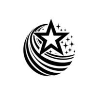 Black and white featuring a large star within a stylized orbit of radiating lines and smaller star bursts, set on a clean white background. vector