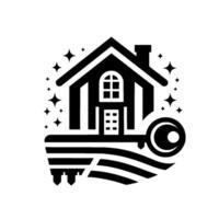 Black and white illustration of a house with key, suggesting ownership, security, real estate, and home dreams with sparkling stars in the background. vector