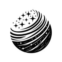 Abstract monochrome depiction of a celestial orb with starbursts and stylized curved lines, on a white background. vector