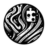 Circular monochrome illustration of a puzzle piece with abstract flowing lines, dots, and a aesthetic. vector