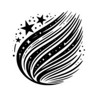Black and White Stylized Comet Trail with Stars and Dots, Abstract Celestial on White Background. vector