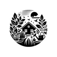 Circular Black White Illustration of a Cottage Surrounded by Flourishing Garden Elements with Birds and a Crescent Moon. vector