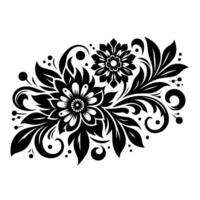 Black and white floral featuring stylized flowers, leaves, swirls, and dots arranged in a symmetrical pattern on a white background. vector