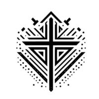 Geometric Cross A minimalist black and white emblem featuring a central cross, triangles, and symmetrical . vector