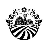 Circular Black and White Farmhouse Emblem with Barn, Windmill, and Fields, Adorned by Floral and Foliage Elements. vector