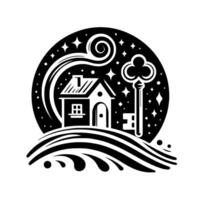Whimsical black and white illustration of a cozy house on a hill, nestled within a starlit night sky and featuring an ornate key, symbolizing dreams and home. vector