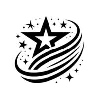 Black and white star emblem with a large star, smaller stars and a curved linear trail on a white background. vector