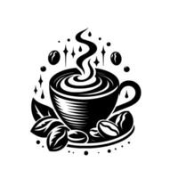 Artistic Black and White Illustration of a Steaming Coffee Cup with Coffee Beans and Leaves, Surrounded by Decorative Elements. vector