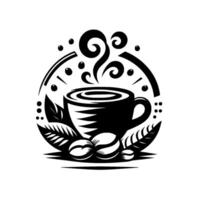 Elegant Black and White Coffee Emblem with Steaming Cup, Coffee Beans, and Leaves, Within a Stylized Circular Frame. vector