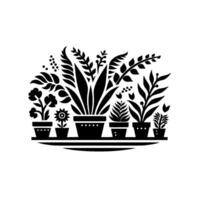 Stylized Black and White Illustration of Potted Plants on a Shelf, Featuring Various Foliage Types in a Minimalist Aesthetic. vector