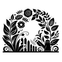 Symmetrical Garden with Floral, Foliage, a Picket Fence, and a Watering Can in Monochrome Silhouette vector