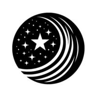 Black and White Celestial Orb A minimalist featuring stars and curved lines, evoking space and motion, set against a pristine white background. vector