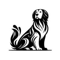 Elegant Black and White Illustration of a Sitting Dog with Ornate Swirls and Flowing Details, Clean Lines on White Background. vector