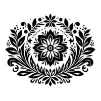 Intricate Black Floral Mandala with Leaves and Dots on a White Background. A Symmetrical Ornament. vector