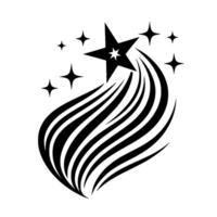 A stylized black and white illustration of a shooting star, featuring a large star with a smaller star within, cascading curved lines, and surrounding smaller stars on a white background. vector