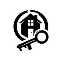 Black and White Illustration of a House Within a Circle, Accented by a Key, Symbolizing Home Security and Real Estate. vector