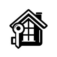 Simple monochrome featuring a house with window and chimney, a key, and a houseshaped outline. vector