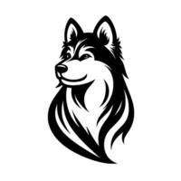 Detailed Black White Husky Head Portrait in a Minimalist Style, Featuring Striking Fur Detailing and a Slightly Smiling Expression. vector