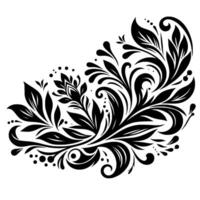 Intricate Black White Floral Corner Elegant Ornamentation with Leaves, Scrolls, and Dots on White Background vector