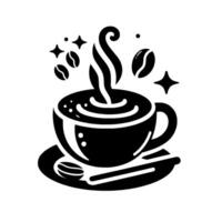 Steaming Coffee Cup Illustration with Floating Coffee Beans, Stars, and a Spoon in a Sleek, Minimalist Black and White . vector