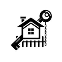 Black and white of house, keys, and fence, symbolizing home ownership, real estate, or property access. vector