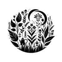 A monochrome botanical illustration depicting a teapot nestled among stylized flora and a crescent moon, within a circular frame. vector
