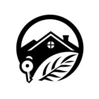 Modern black and white real estate featuring a house, key, and leaf inside a circle, signifying property and nature. vector