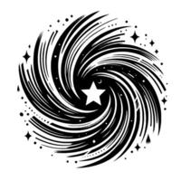Swirling Black and White Cosmic with a Central Star, Crescent Moon, and Celestial Particles. vector