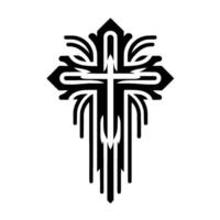 Black and White Ornate Cross with Stylized Foliage Elements, Gothic Geometric Pattern on White Background. vector