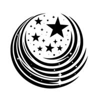 Black and White Circular Celestial with Stars and Swirling Lines, Modern Abstract Symbol. vector
