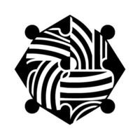 Abstract monochrome composition a tessellating diamond shape with curvilinear, striped and solid black elements arranged in a radial, symmetrical pattern, accented by circular dots. vector
