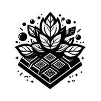 Intricate Black White Digital Illustration Leafy Bloom atop Geometric Block with Scattered Embellishments, Abstract . vector