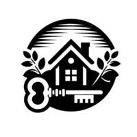 Black and white stylized depicts a house with a key, encircled by a dark oval with leaves on either side, suggesting security and homeownership. vector