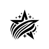 Bold Black White Star with Dynamic Swirls and Sparkling Star Accents on White Background. vector