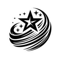 Black and white illustration of a star with other stars and stylized swirling, curved lines against a white background. vector