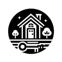 Minimalist black and white emblem a house with a key, set within a circle with trees and stars. vector